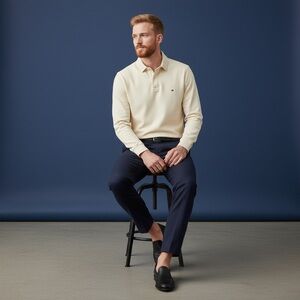 Tommy Hilfiger Men’s Long Sleeve Polo L-Off-White Cream Regular Fit Stretch